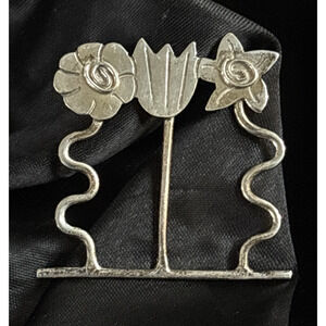 Vintage Artisan Sterling Silver Flowers Brooch Pin Daisy Tulip Flower 1.5"x1.5"